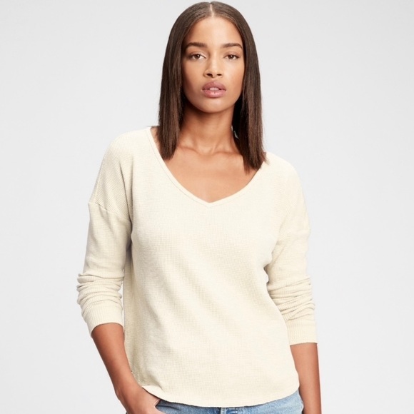 Spiritual Gangster Waffle Knit Long Sleeve V-Neck Top White Size Medium - Picture 1 of 8